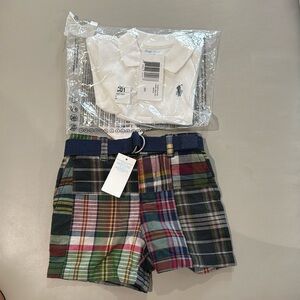 Baby Polo 2pc Set White Collar Shirt and Plaid Shorts Size 6mos. NWT